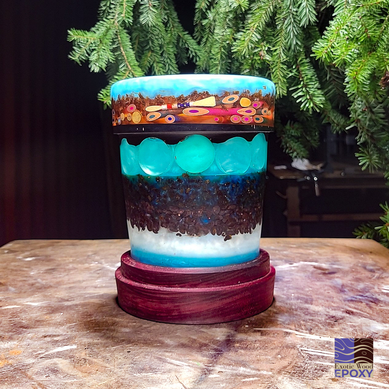 "Java Scrawler" Colored Pencils, Coffee Beans in Epoxy Hand Turned Vase on Purple Heart