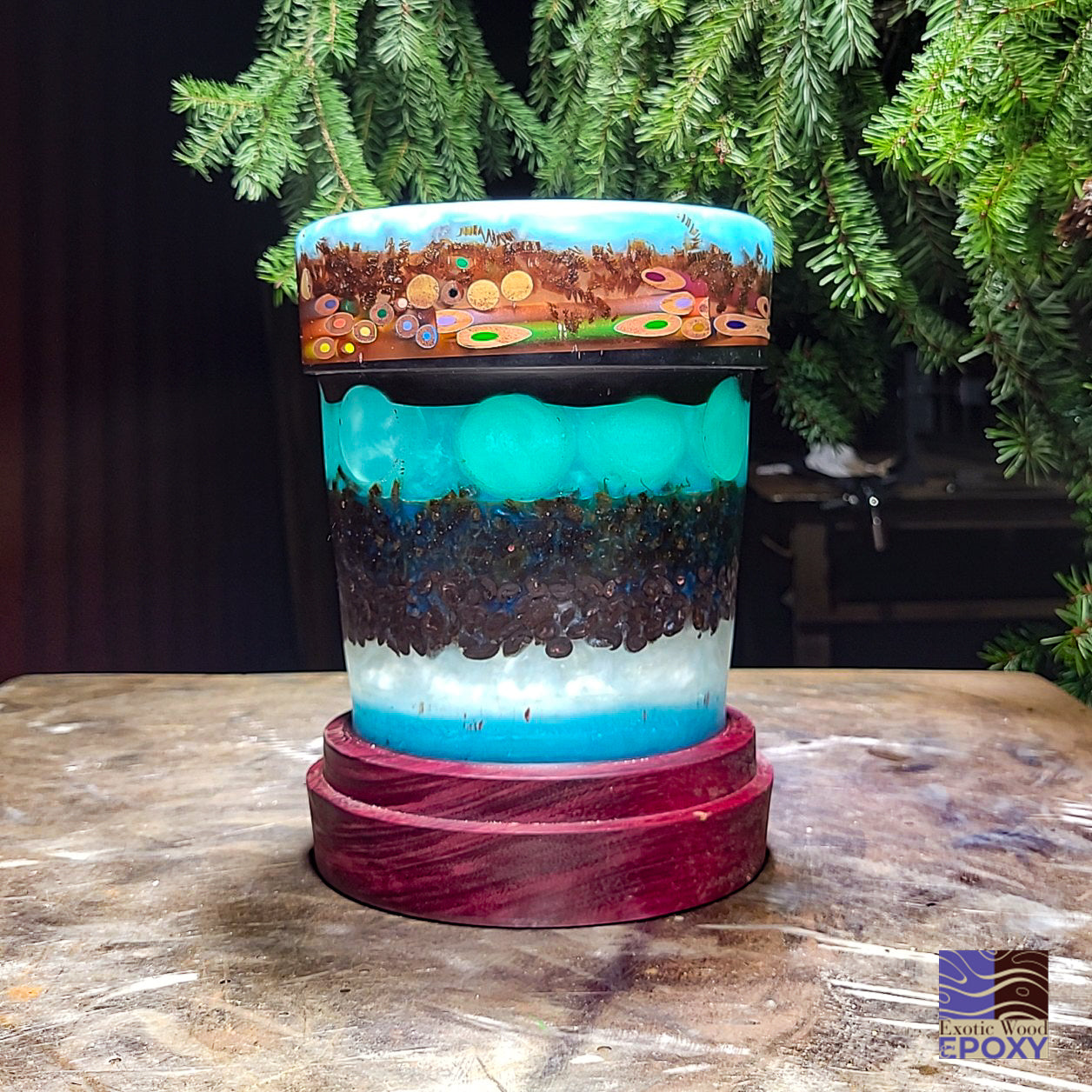 "Java Scrawler" Colored Pencils, Coffee Beans in Epoxy Hand Turned Vase on Purple Heart