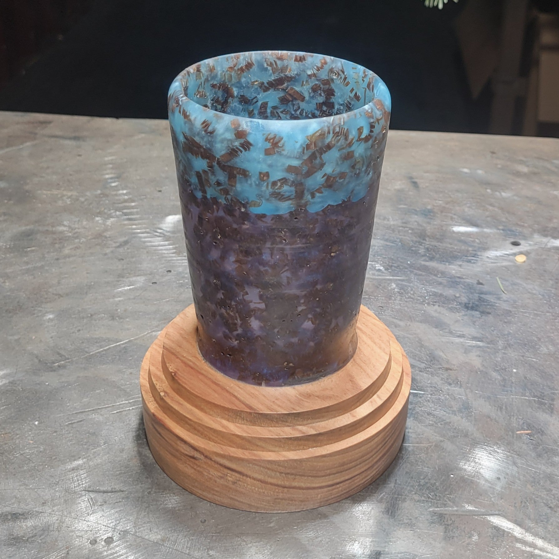 "Folio Fold" Accordion folded packing paper strips in Epoxy Hand Turned Lidded Canister on Canarywood